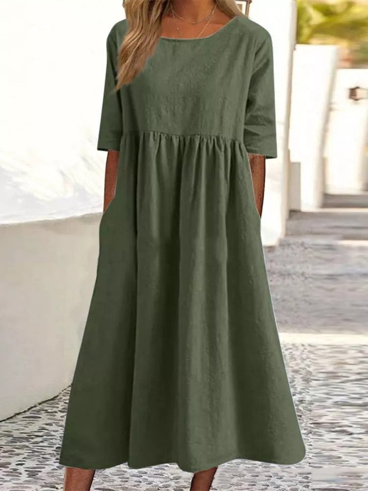 🔥Soldes d'été🔥Robe en coton à poches et col rond - Achetez 2 livraisons gratuites
