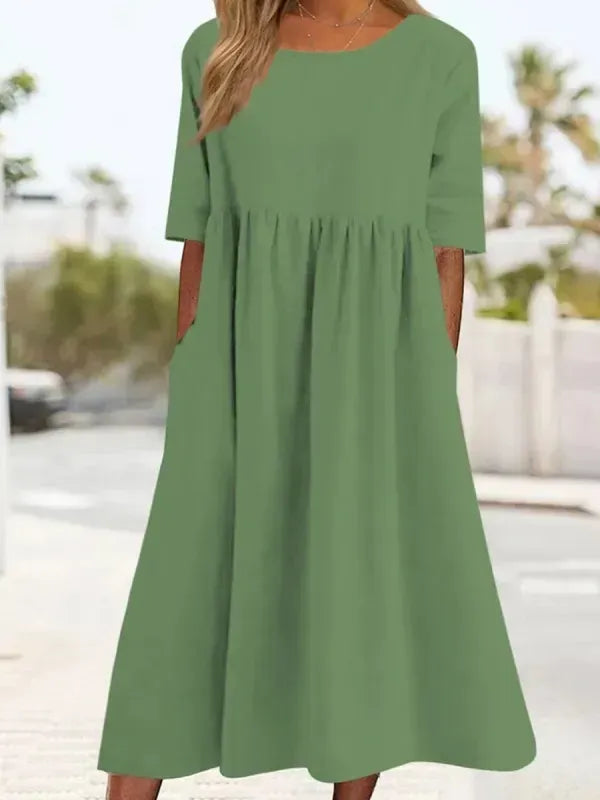 🔥Soldes d'été🔥Robe en coton à poches et col rond - Achetez 2 livraisons gratuites
