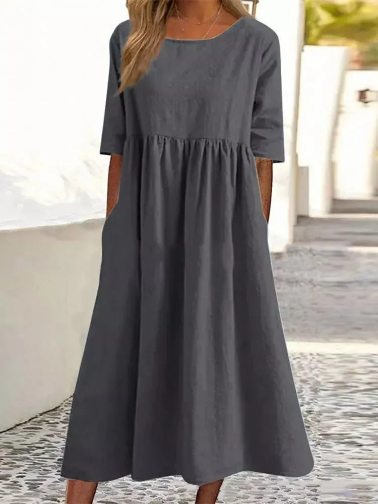 🔥Soldes d'été🔥Robe en coton à poches et col rond - Achetez 2 livraisons gratuites