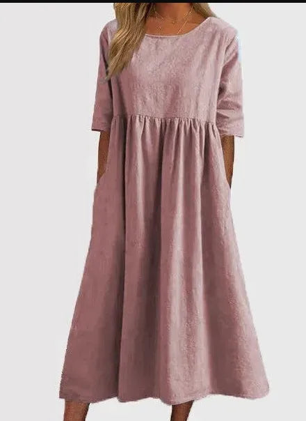 🔥Soldes d'été🔥Robe en coton à poches et col rond - Achetez 2 livraisons gratuites