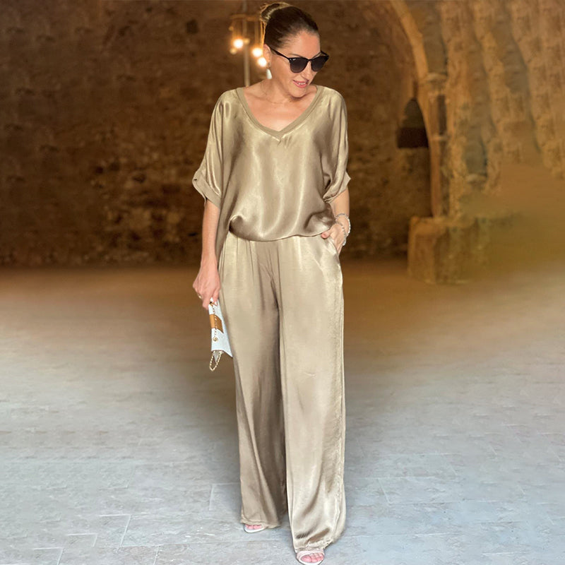 💃 Ensemble deux pièces haut décontracté brillant à col en V + pantalon large, ample, large et à la mode.