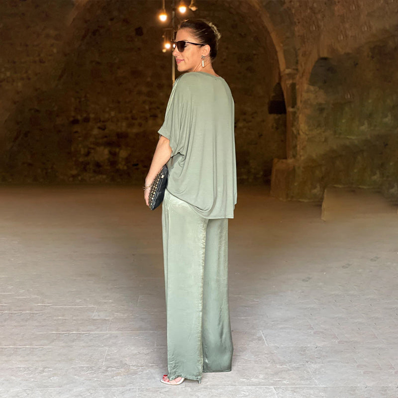 💃 Ensemble deux pièces haut décontracté brillant à col en V + pantalon large, ample, large et à la mode.