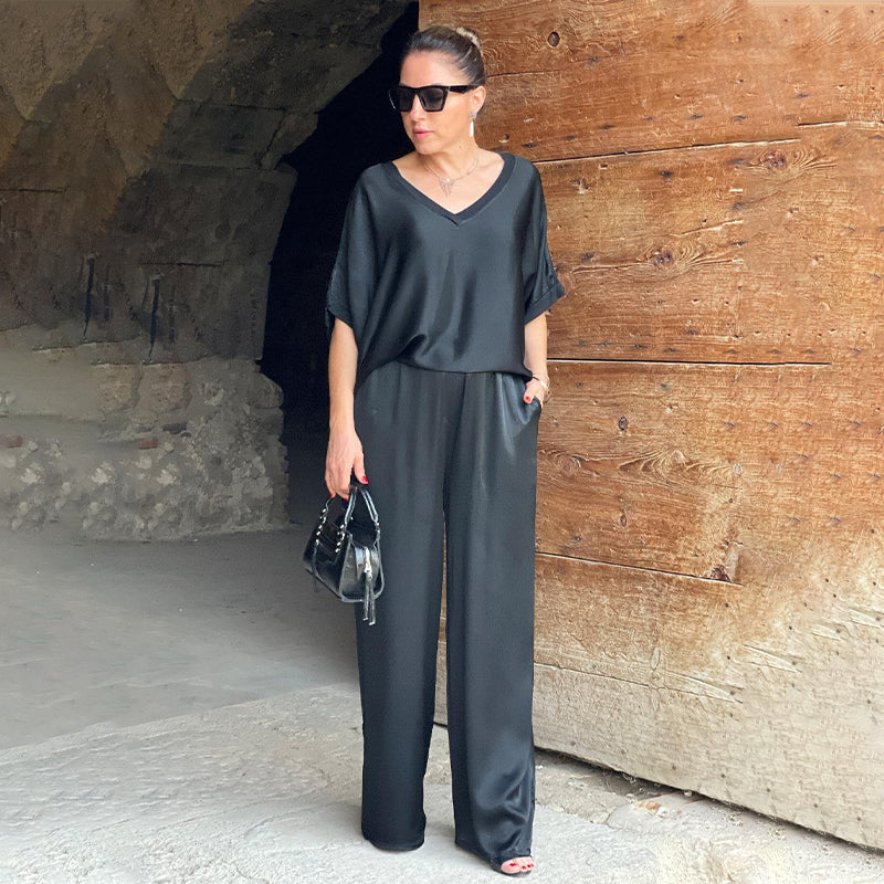 💃 Ensemble deux pièces haut décontracté brillant à col en V + pantalon large, ample, large et à la mode.