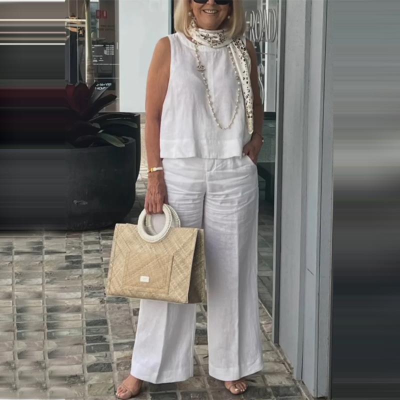 Ensemble Simple et Respirante pour Femmes - Haut Sans Manches à Col Rond et Pantalon à Jambes Larges