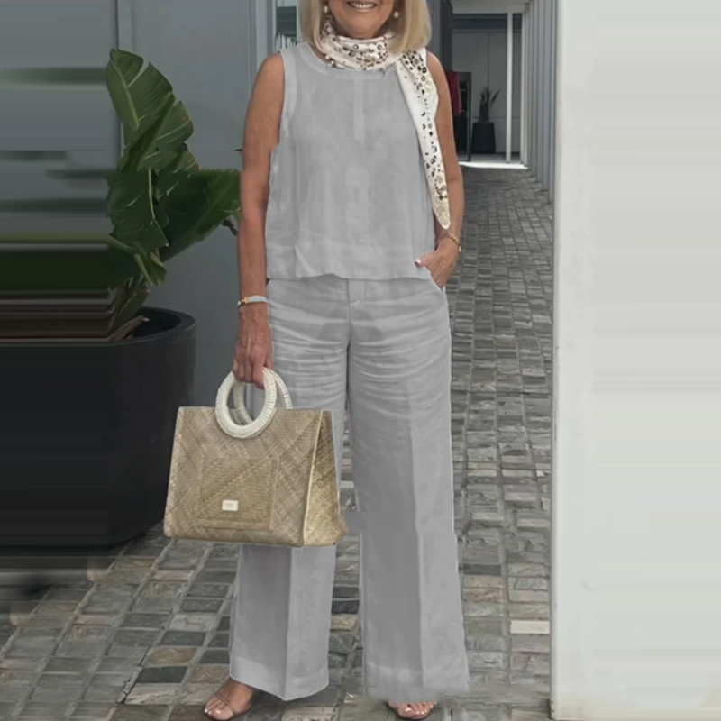 Ensemble Simple et Respirante pour Femmes - Haut Sans Manches à Col Rond et Pantalon à Jambes Larges