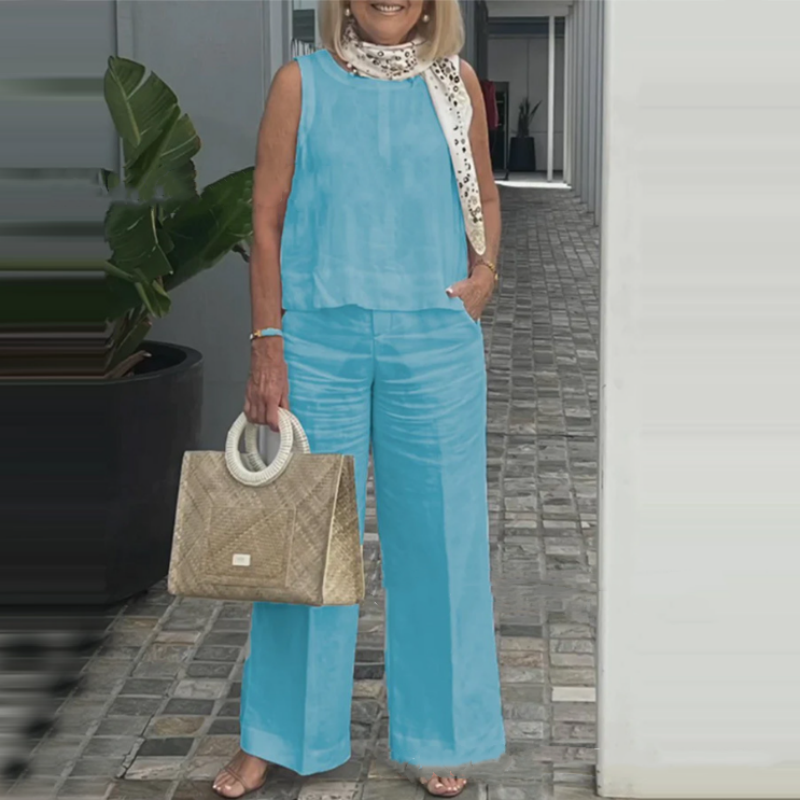 Ensemble Simple et Respirante pour Femmes - Haut Sans Manches à Col Rond et Pantalon à Jambes Larges
