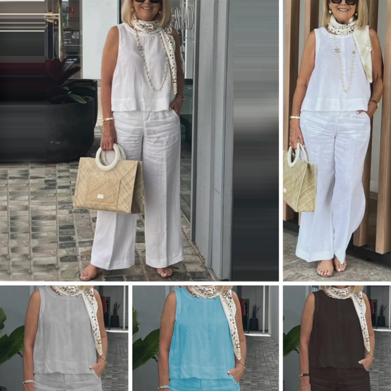 Ensemble Simple et Respirante pour Femmes - Haut Sans Manches à Col Rond et Pantalon à Jambes Larges