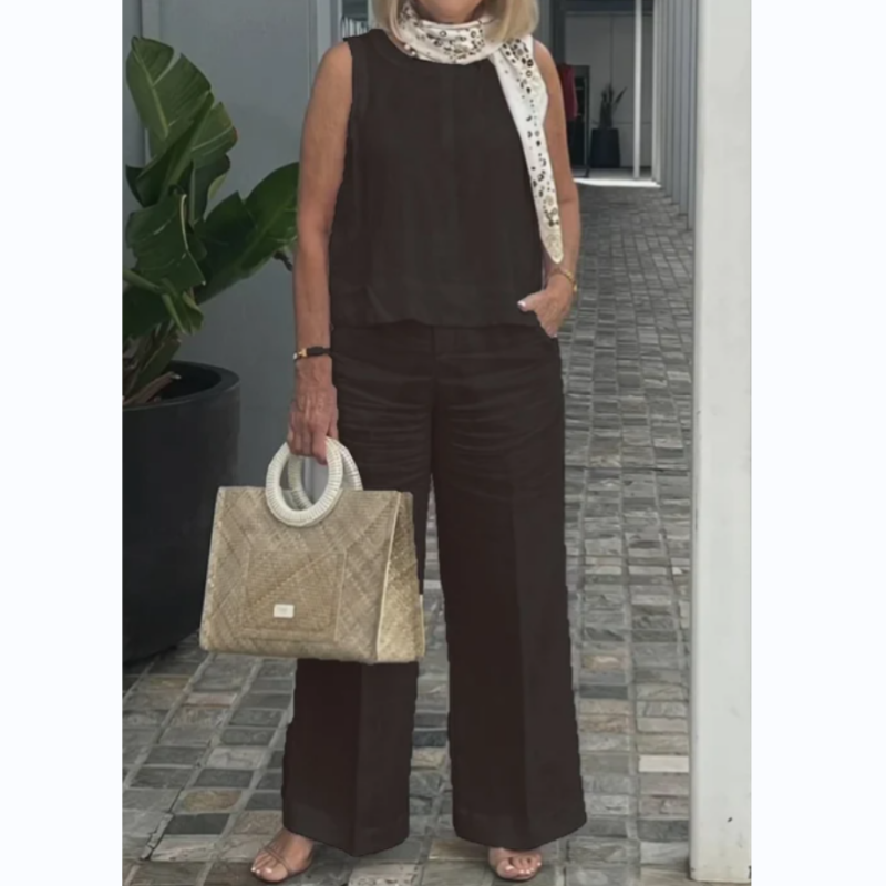 Ensemble Simple et Respirante pour Femmes - Haut Sans Manches à Col Rond et Pantalon à Jambes Larges