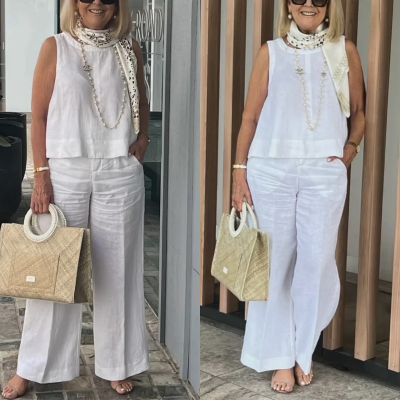 Ensemble Simple et Respirante pour Femmes - Haut Sans Manches à Col Rond et Pantalon à Jambes Larges