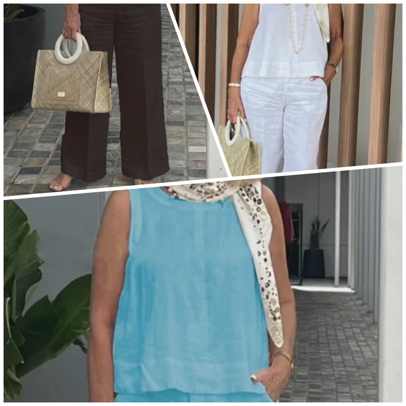 Ensemble Simple et Respirante pour Femmes - Haut Sans Manches à Col Rond et Pantalon à Jambes Larges