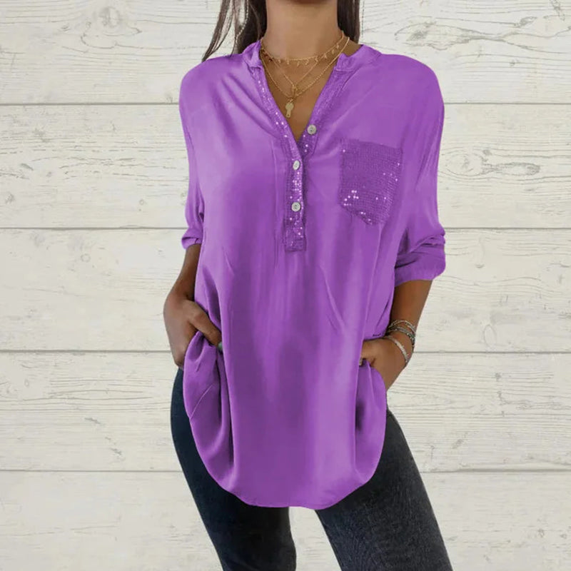 🔥Nouveauté - 52% de réduction🔥Chemise femme avec imprimé sequins et décolleté en V