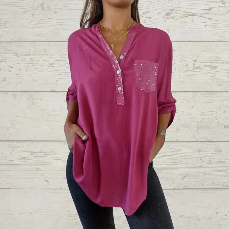 🔥Nouveauté - 52% de réduction🔥Chemise femme avec imprimé sequins et décolleté en V