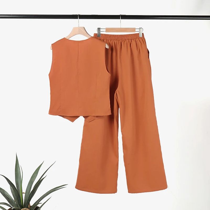 💕Vest de couleur unie et pantalon de jambe large en jeu pour femmes
