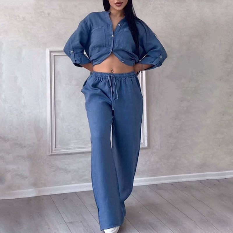 🌿🔥Nouveau Printemps 2025 Soldes - 49%OFF🌿🔥Ensemble 2 pièces pour femmes Chemise boutonnée et pantalon