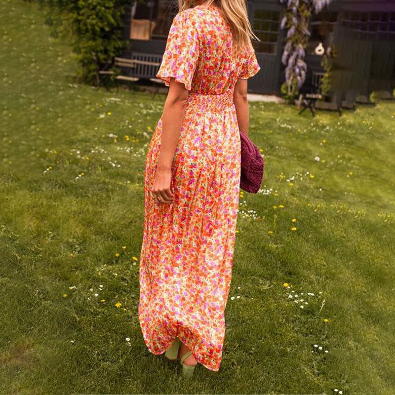 💋 👩Robe florale rétro à col en V pour femmes