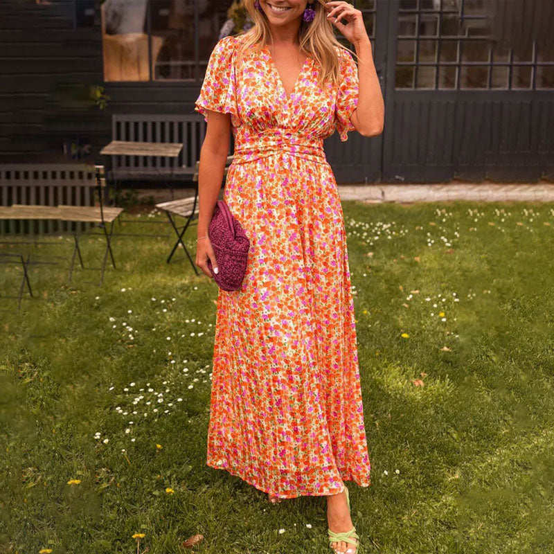 💋 👩Robe florale rétro à col en V pour femmes