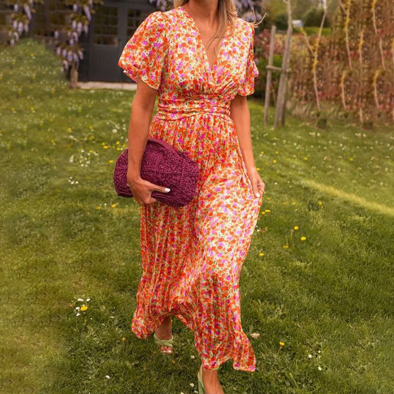 💋 👩Robe florale rétro à col en V pour femmes