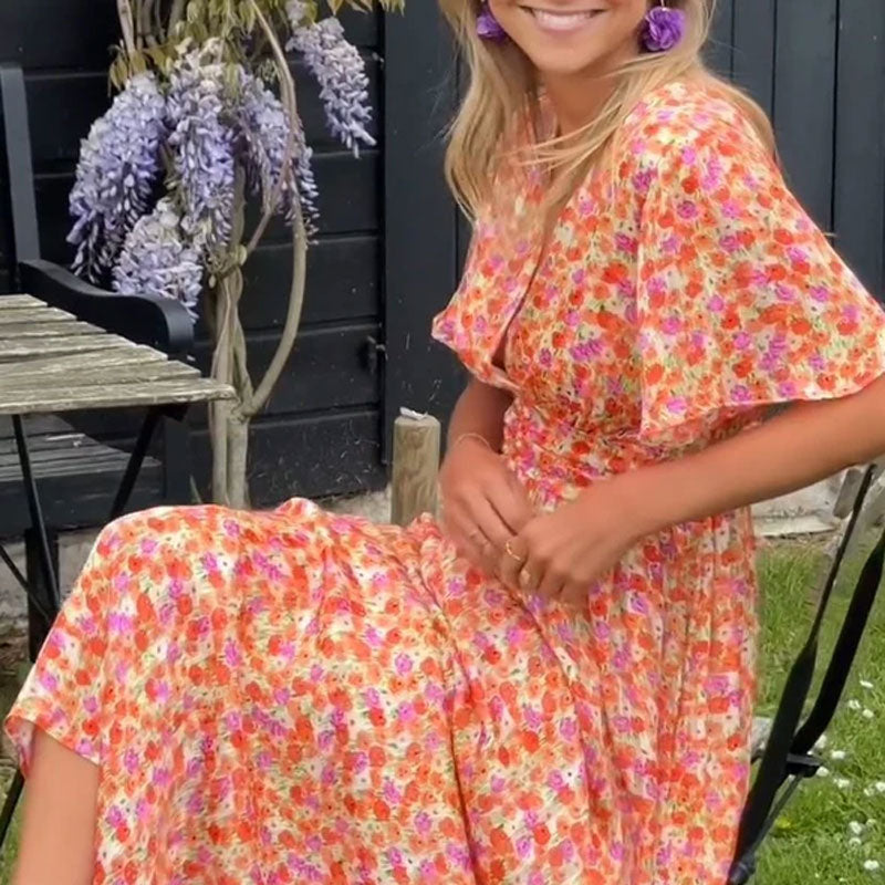 💋 👩Robe florale rétro à col en V pour femmes