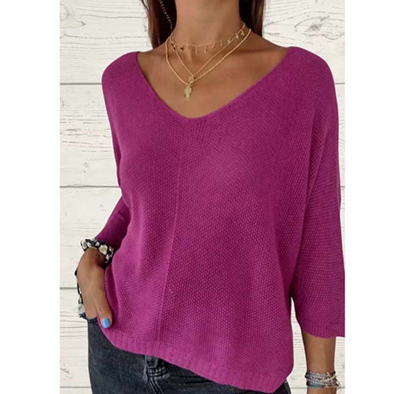 🌸Promotion de saison🌸Top en tricot à manches chauve-souris, couleur unie et décolleté en V pour femme