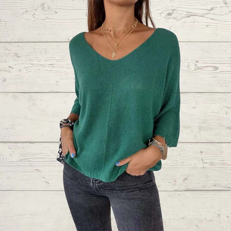 🌸Promotion de saison🌸Top en tricot à manches chauve-souris, couleur unie et décolleté en V pour femme