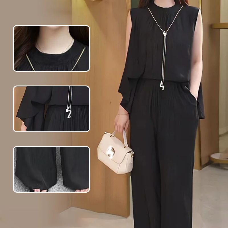 Ensemble 2 pièces fluide et chic pour femme avec haut sans manches et pantalon à jambes larges