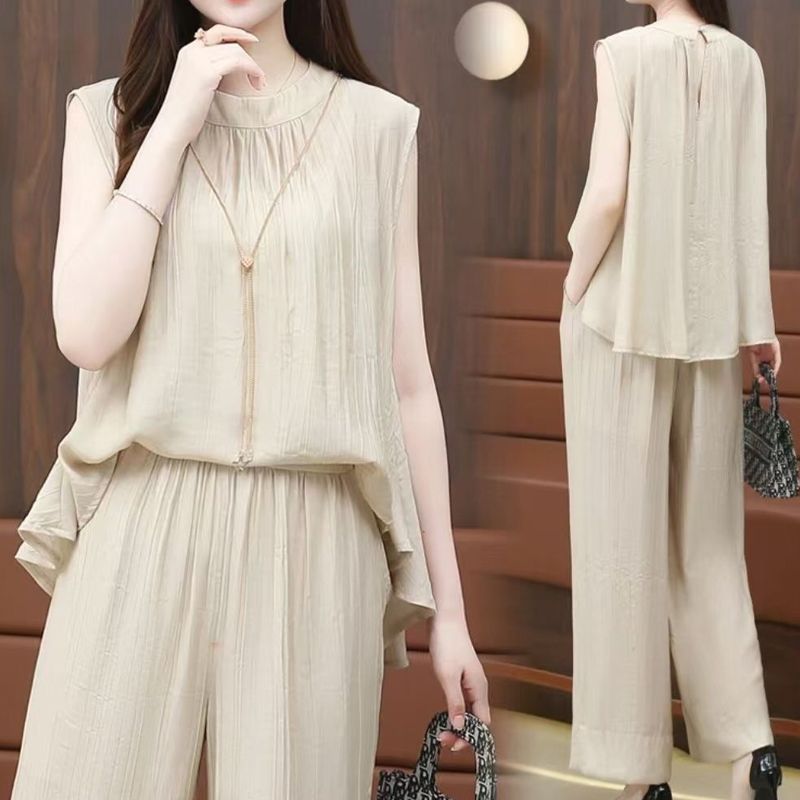 Ensemble 2 pièces fluide et chic pour femme avec haut sans manches et pantalon à jambes larges