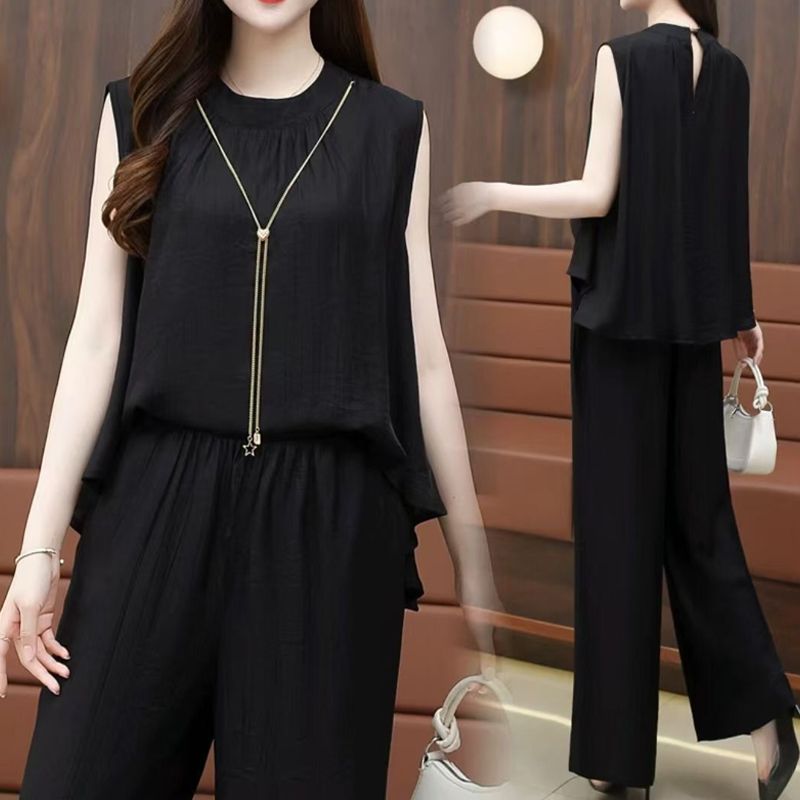 Ensemble 2 pièces fluide et chic pour femme avec haut sans manches et pantalon à jambes larges