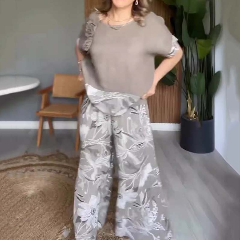 Ensemble 2 pièces imprimé décontracté pour femmes: ensemble haut à manches courtes et pantalon à jambes larges à col rond