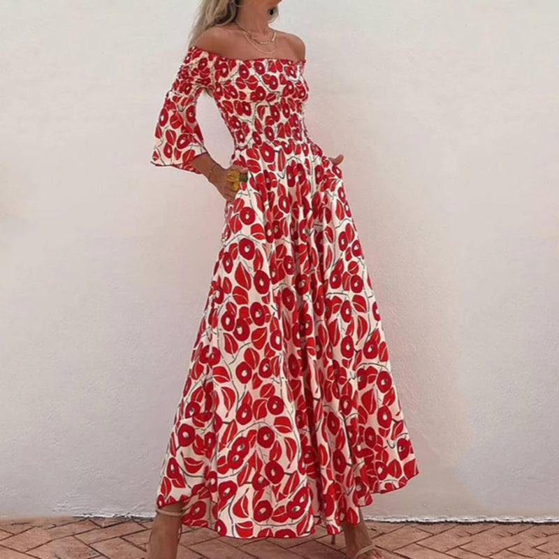 💃2025 Promotion automne 50%OFF💃Robe longue à manches évasées fleur hors épaule