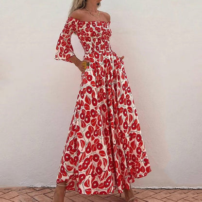 💃2025 Promotion automne 50%OFF💃Robe longue à manches évasées fleur hors épaule