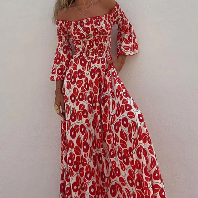 💃2025 Promotion automne 50%OFF💃Robe longue à manches évasées fleur hors épaule