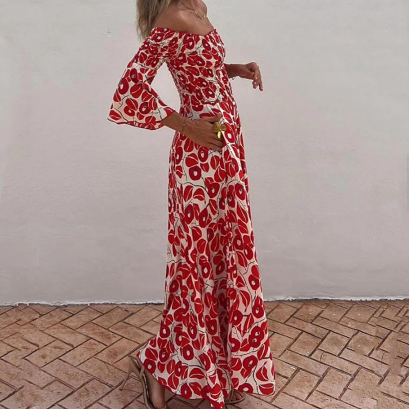 💃2025 Promotion automne 50%OFF💃Robe longue à manches évasées fleur hors épaule