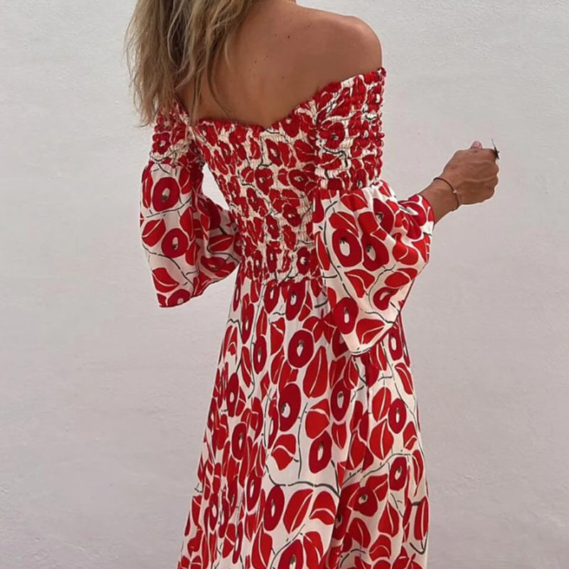 💃2025 Promotion automne 50%OFF💃Robe longue à manches évasées fleur hors épaule