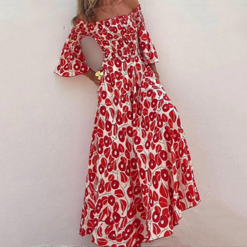 💃2025 Promotion automne 50%OFF💃Robe longue à manches évasées fleur hors épaule