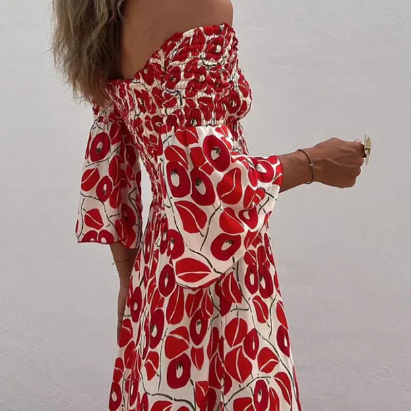 💃2025 Promotion automne 50%OFF💃Robe longue à manches évasées fleur hors épaule