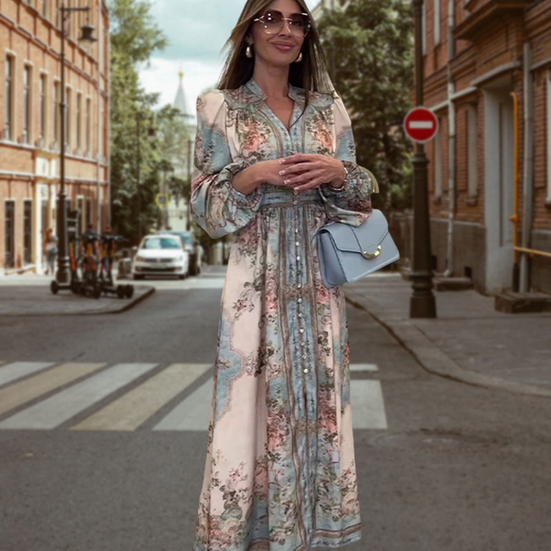 🌷🪻🥰Élégante robe florale à col en V et taille haute