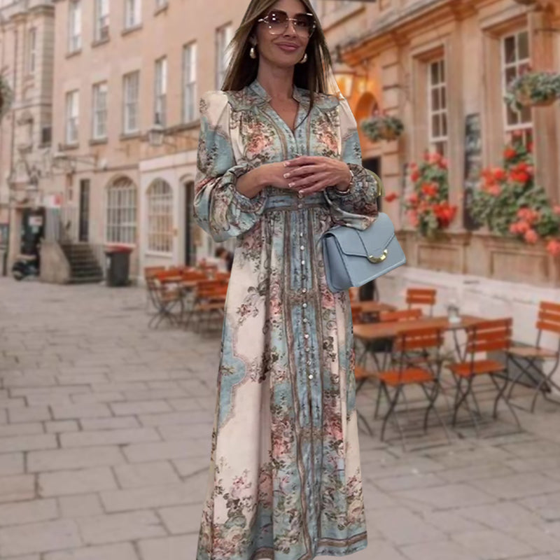 🌷🪻🥰Élégante robe florale à col en V et taille haute