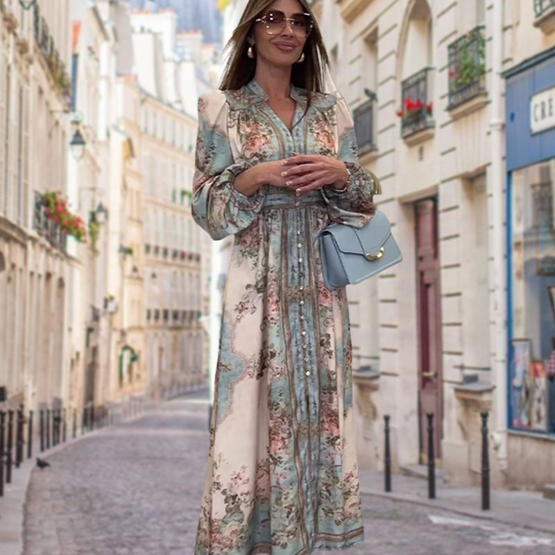 🌷🪻🥰Élégante robe florale à col en V et taille haute