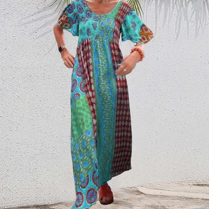 Robe élégante imprimée à col rond et manches courtes
