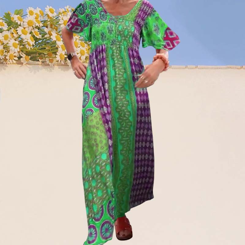 Robe élégante imprimée à col rond et manches courtes