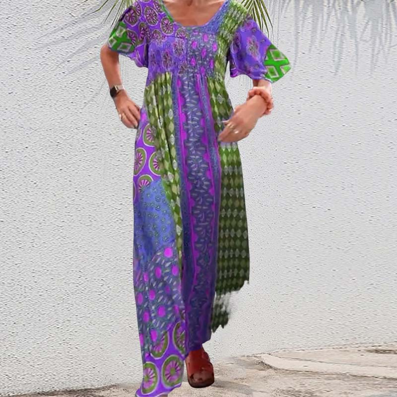 Robe élégante imprimée à col rond et manches courtes