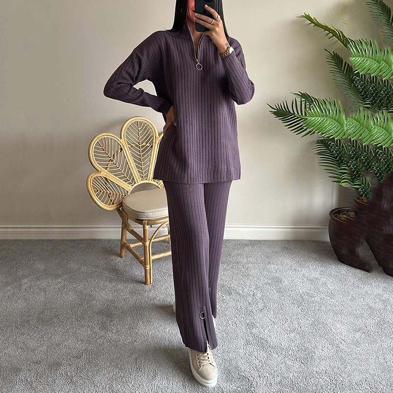50% de réduction🔥Ensemble deux pièces confortable en tricot côtelé pour femmes avec pantalon à jambe fendue