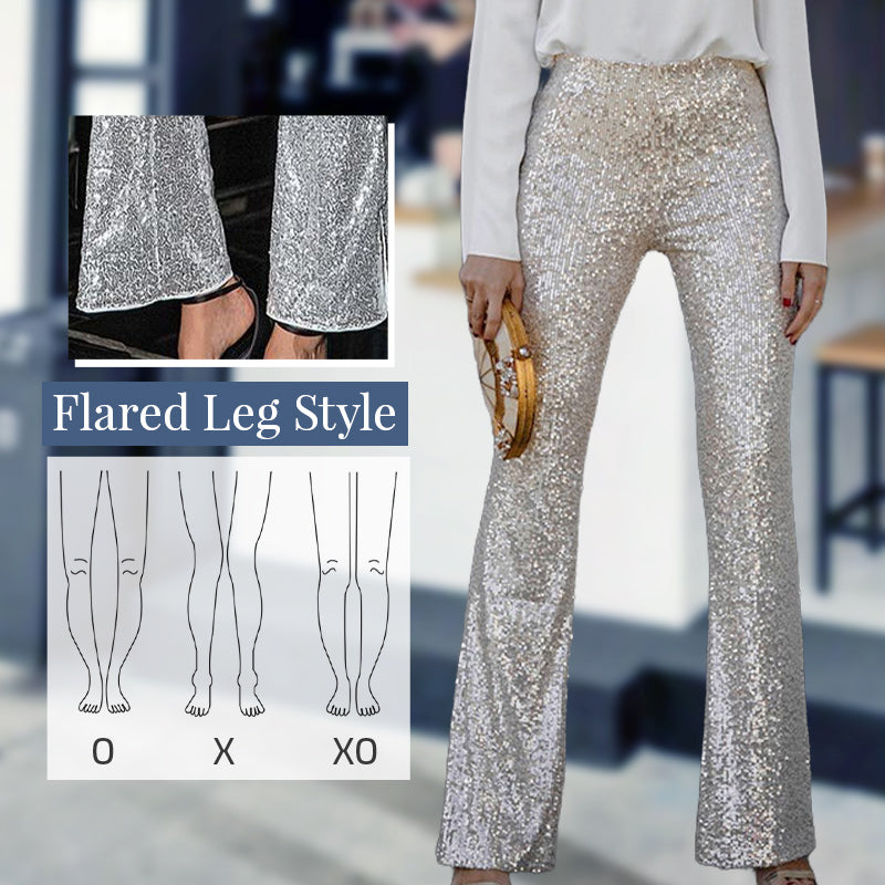 Pantalon évasé à paillettes avec taille haute et taille élastique