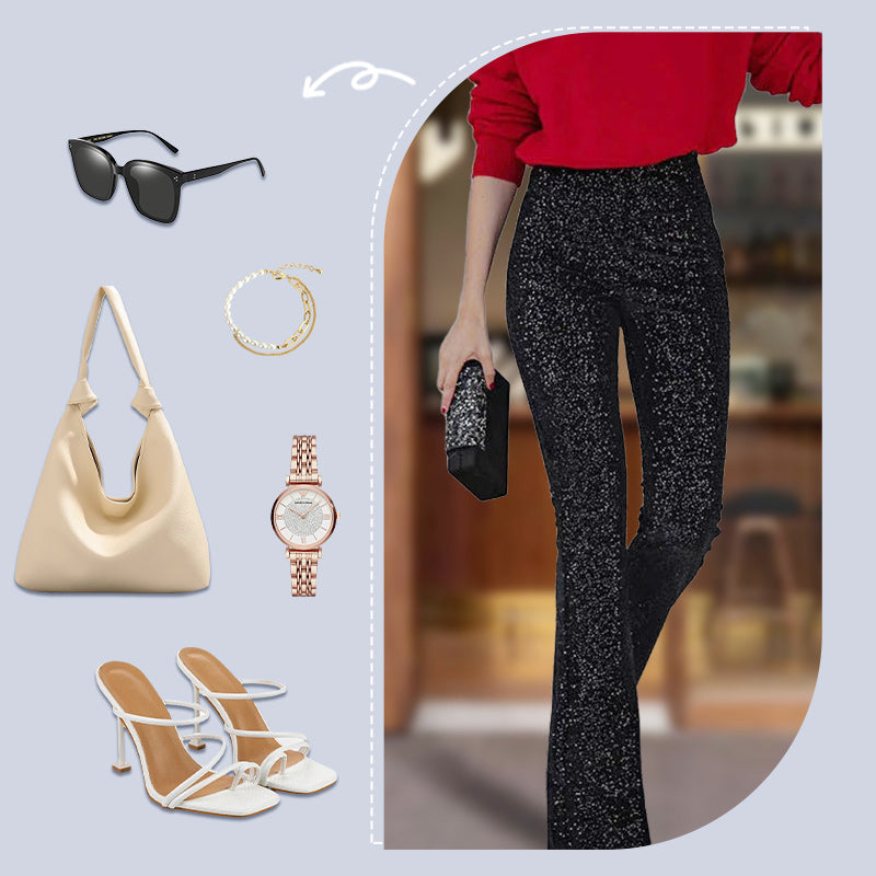 Pantalon évasé à paillettes avec taille haute et taille élastique