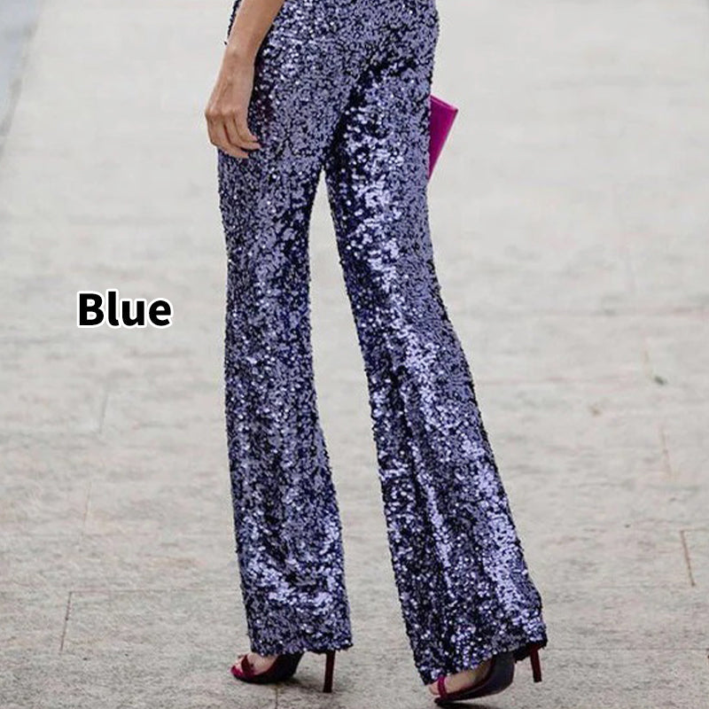 Pantalon évasé à paillettes avec taille haute et taille élastique