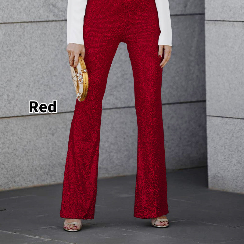 Pantalon évasé à paillettes avec taille haute et taille élastique