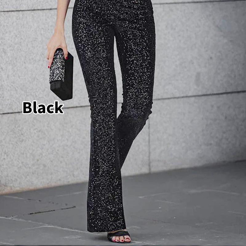 Pantalon évasé à paillettes avec taille haute et taille élastique