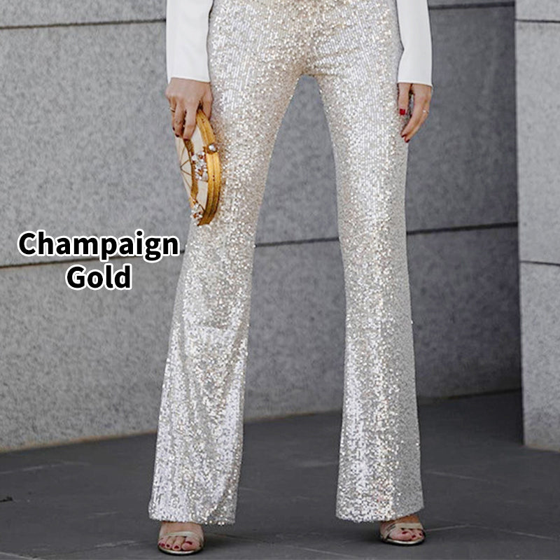 Pantalon évasé à paillettes avec taille haute et taille élastique