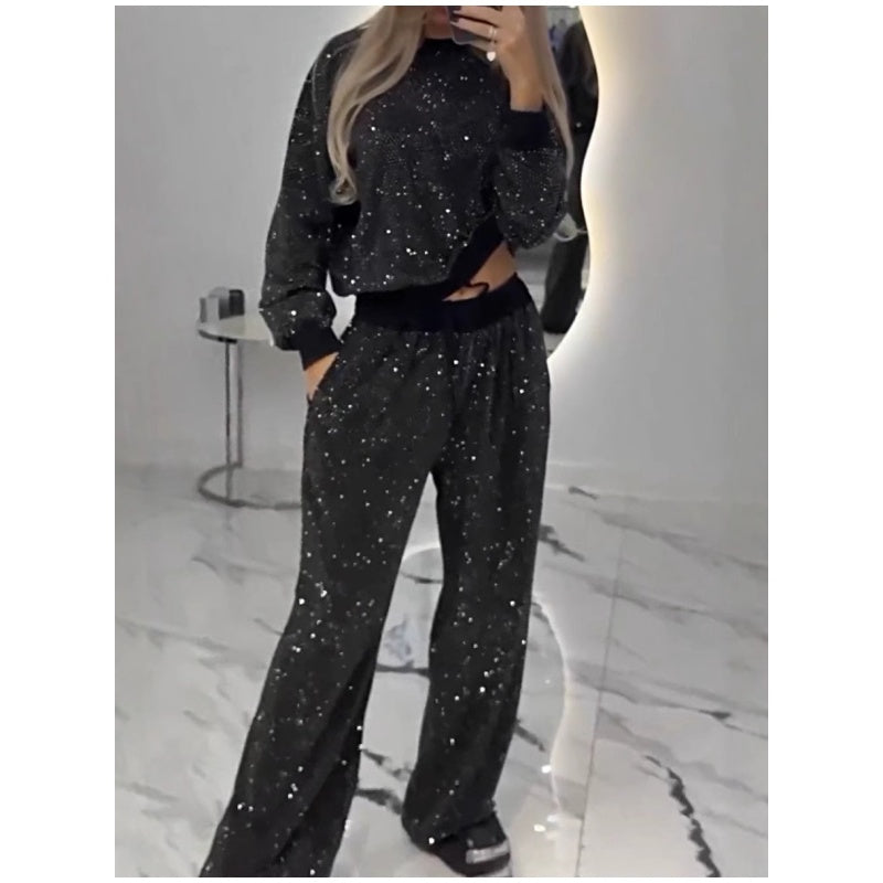 🎅Ventes anticipées de Noël🎄Haut ample à paillettes et pantalon large (ensemble 2 pièces)