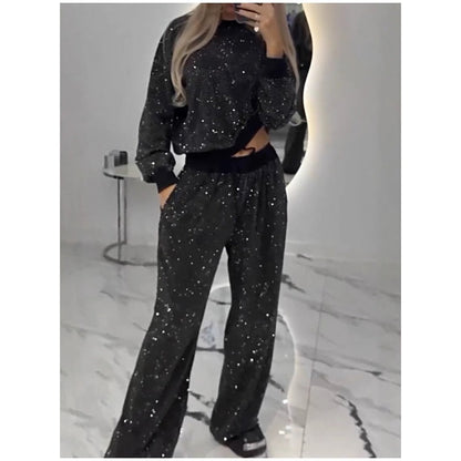🎅Ventes anticipées de Noël🎄Haut ample à paillettes et pantalon large (ensemble 2 pièces)
